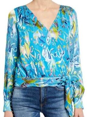 Tanya Taylor Blue and Gold Long Sleeve Wrap Blouse
